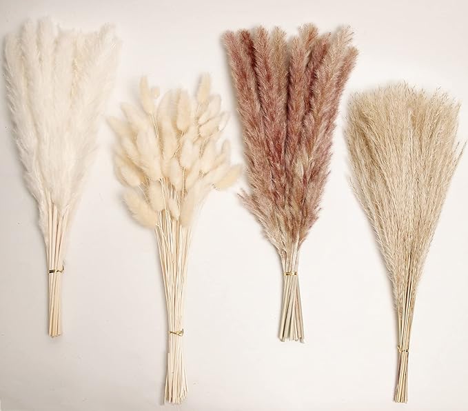 Natural Dried Pampas Grass Decor, 100 PCS Pampas Grass Contains White Bunny Tails Dried Flowers, Reed Grass Bouquet for Wedding Boho Flowers Home Table Decor, Rustic Farmhouse Party (17”)