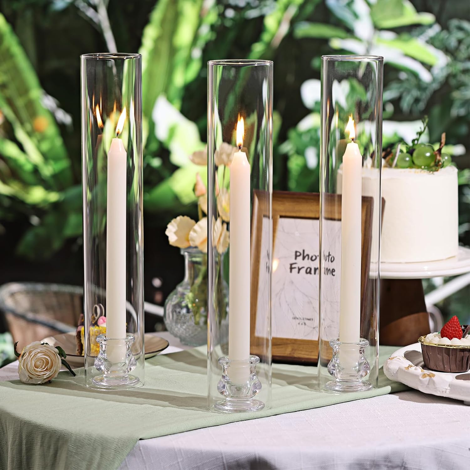 Volens Hurricane Glass Candle Holders- Set of 6 Candlestick Holders for Taper Candles with Windproof Cylinder Covers 14" Tall Clear Glass Chimney Cover for Wedding Table Centerpiece Home Decor