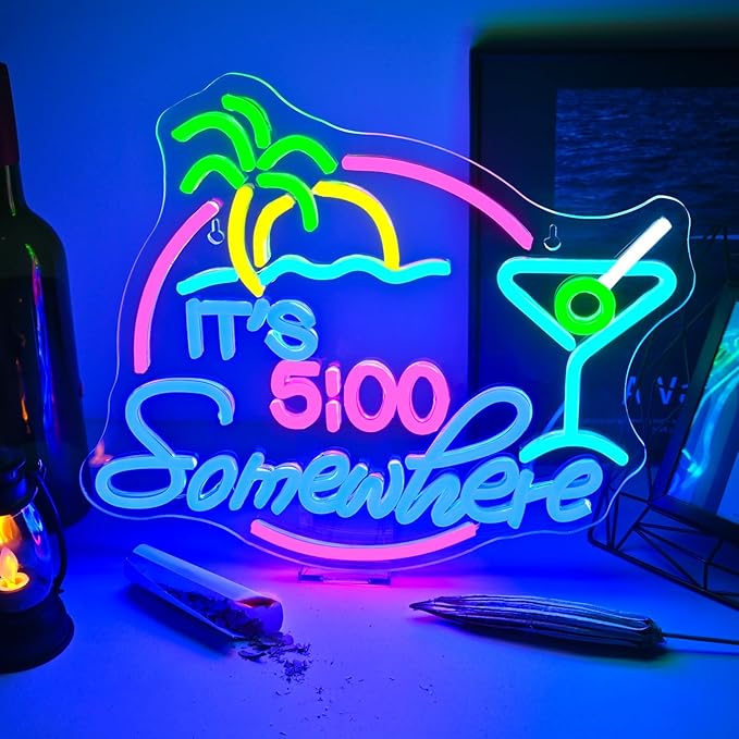 It's 5:00 Somewhere Neon Sign, USB Powered LED Neon Sign for Wall Decor,Dimmable, 5V/2A, for Home, Party, Gift, Bedroom, Man Cave, Bar, Beer Garage, Secrect Space
