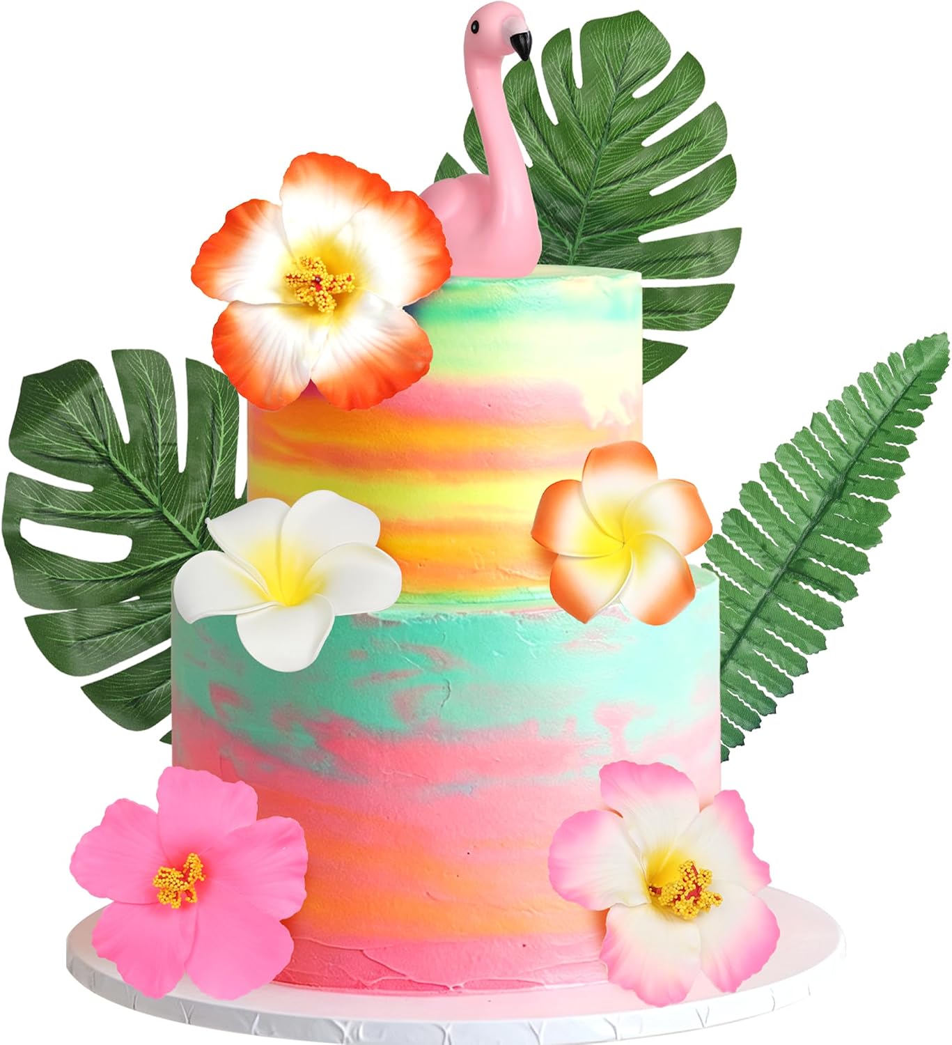 9 PCS Flamingo Cake Toppers Palm Leaves Hibiscus Flowers Flamingo Cake Decoration Hawaiian Cake Decorations for Tropical Luau Summer Hawaii Theme Baby Shower Birthday Party Decorations Supplies