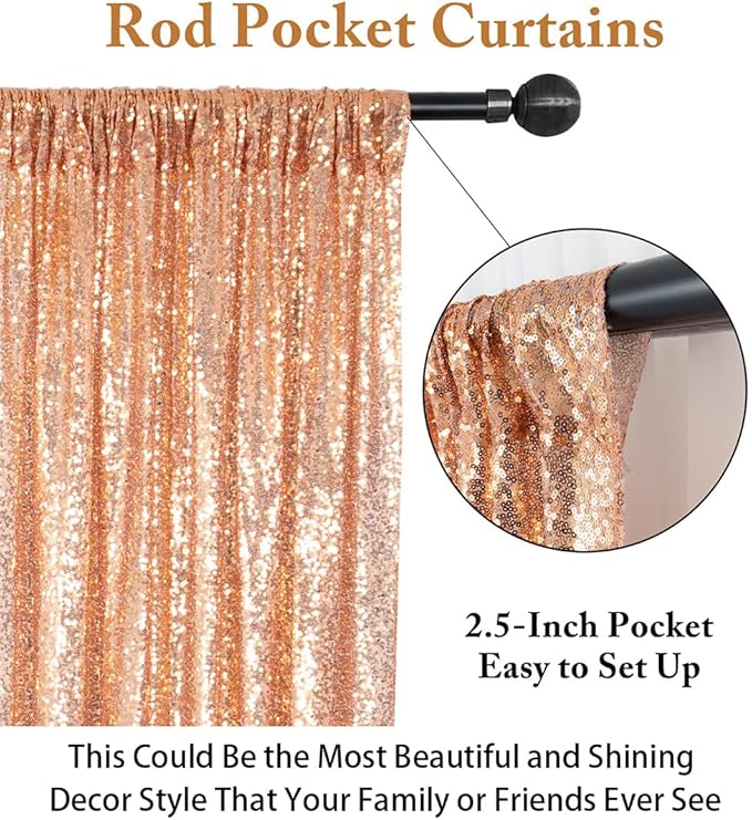 ShinyBeauty Sparkle Backdrop Curtain Rose Gold 2 Panels Set Photo Backdrops 2FTx8FT Sequin Curtains for Birthday Party Pack of 2-1220S