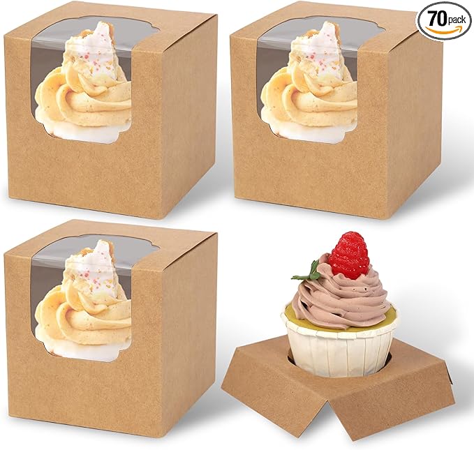 JCD 70 Packs 3.5" x 3.5" x 3.5"Pop up Cookie Boxes Kraft Brown Cupcake Individual Bulk Paper Cupcake Containers Single with Insert and Window,Cocoa Bombs Box for Bakery Gift (Brown/70Pcs)