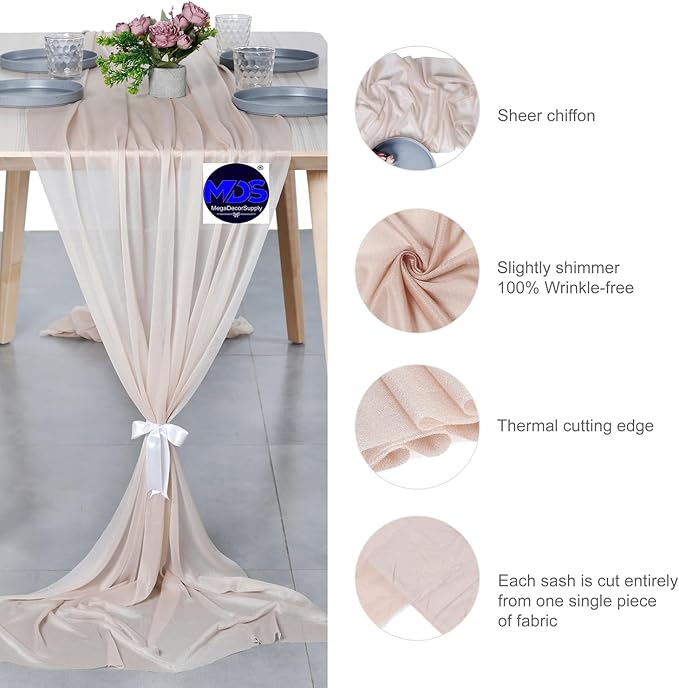 MDS Halloween Chiffon Table Runner - 20 Pack, 29 x 170 Inches, 14ft Each - Sheer Spooky Table Runners for Haunted House Parties, Trick-or-Treat Tables, Witchy Décor, Wedding & Events - Nude