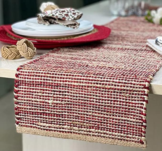 Chardin home Natural Jute Table Runner 13x108 Inch – Vintage Boho Rustic Table Decor – Handwoven Long Table Runner in Natural Jute and Red – Farmhouse Dining or Console Table Accent