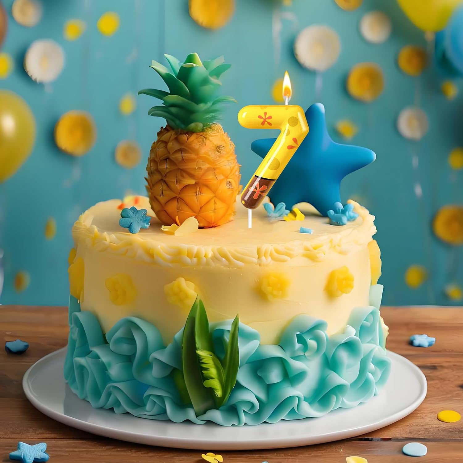 Number 7 Birthday Candle, 7th Birthday Cake Decoration, Playful Yellow and Polka Dot Print, Suitable for Ocean Cartoon Theme Party Supplies and Celebration Decorations(Yellow 7)
