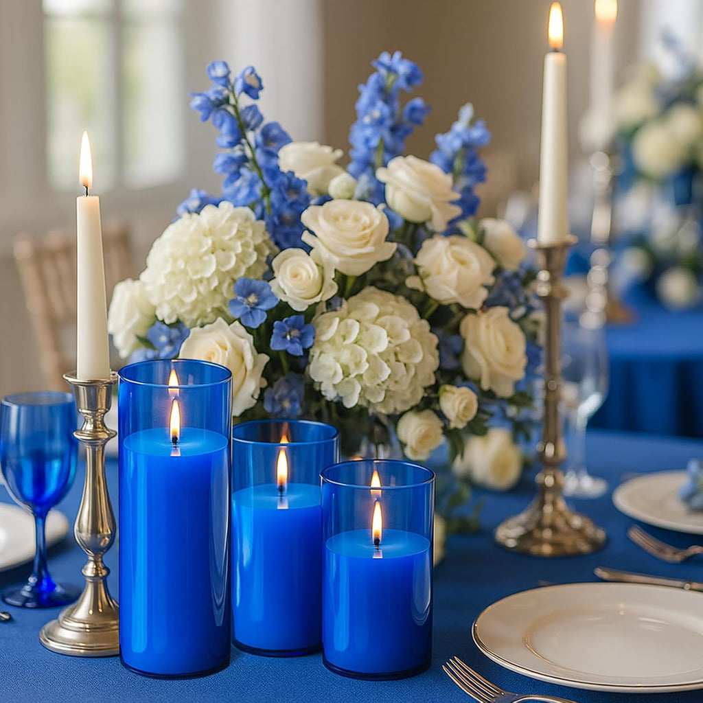 Shihanee 6 Sets/ 12 Pcs Blue Glass Cylinder Holders for White Pillar Candles Clear Cylinder Vases for Slim Pillar Candles Christmas Table Centerpieces, 2.8'' x 4.7", 5.9", 7.9"