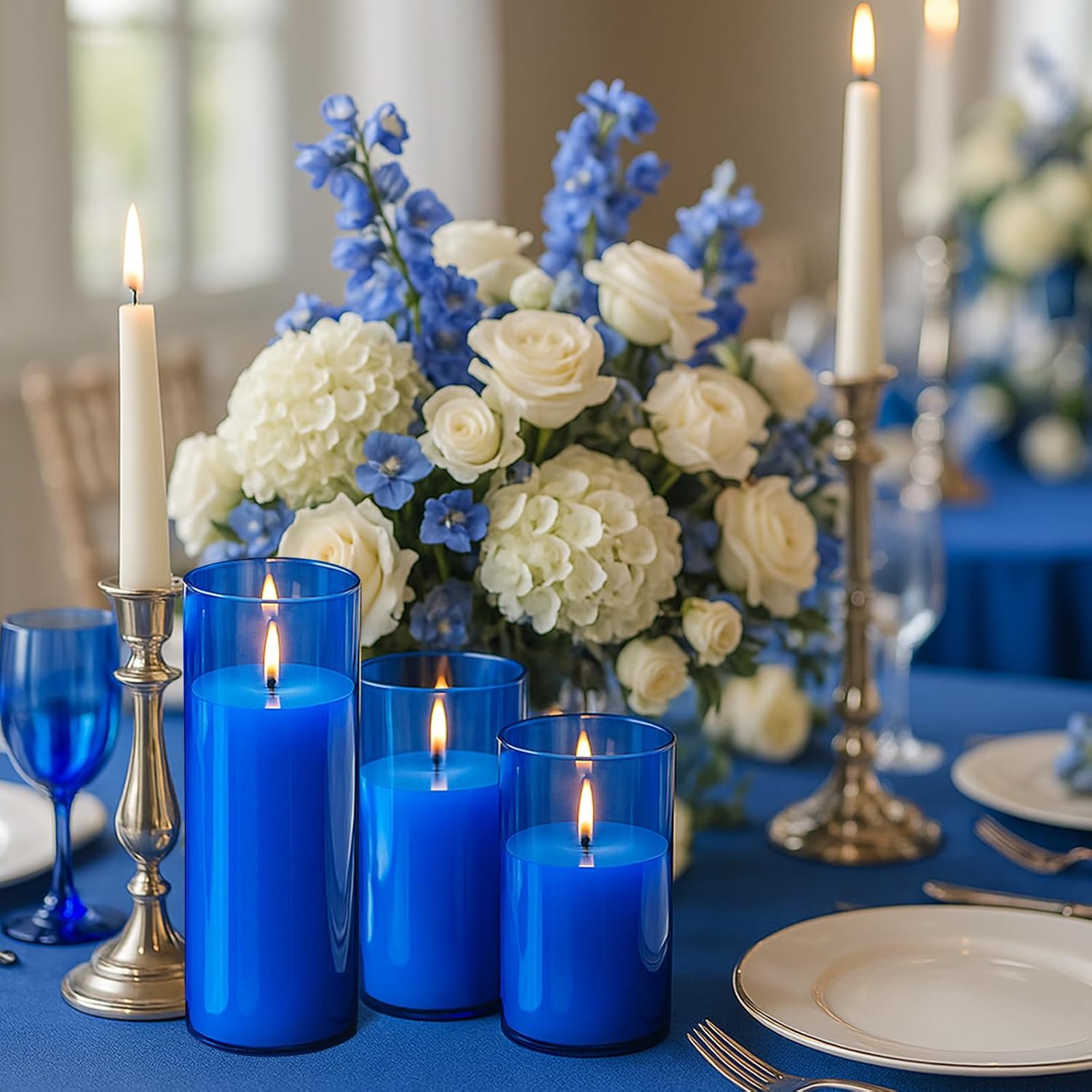 Shihanee 6 Sets/ 12 Pcs Blue Glass Cylinder Holders for White Pillar Candles Clear Cylinder Vases for Slim Pillar Candles Christmas Table Centerpieces, 2.8'' x 4.7", 5.9", 7.9"