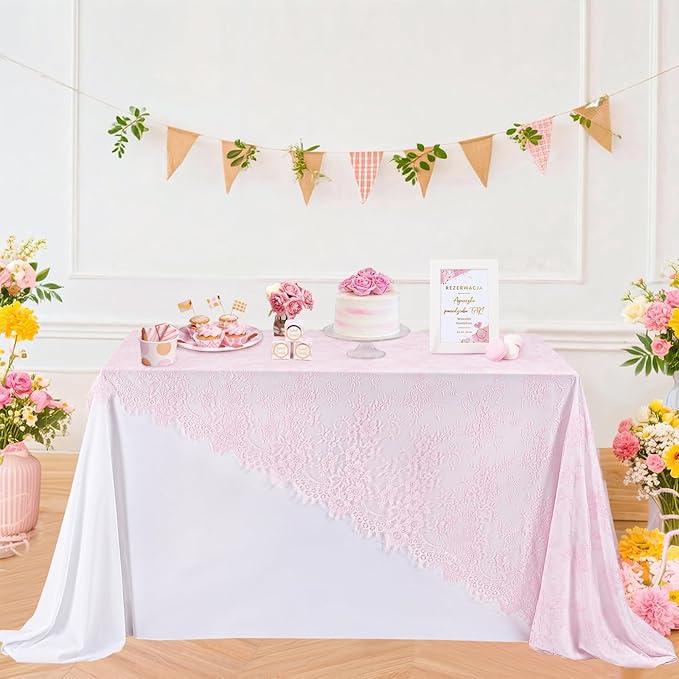 LuoluoHouse Pink Lace Table Cloth 60x120inch Tablecloth for Decorations Wedding Bridal Baby Shower Indoor Outdoor Event