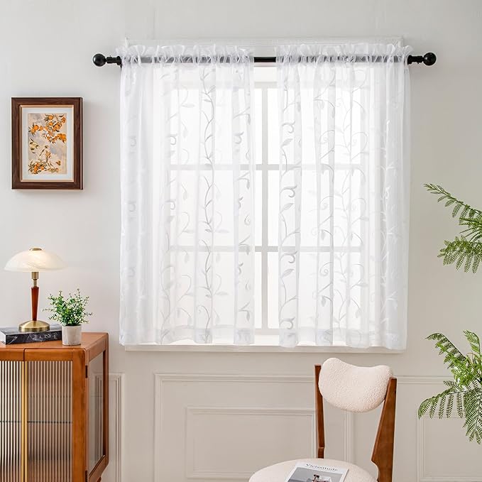 VISIONTEX Sheer Voile Curtains, Decorative White Leaves Embroidery Faux Linen Rod Pocket Window Drapes for Home Kitchen, Living Room and Bedroom 54 x 54 Inch, Set of 2 Curtain Panels