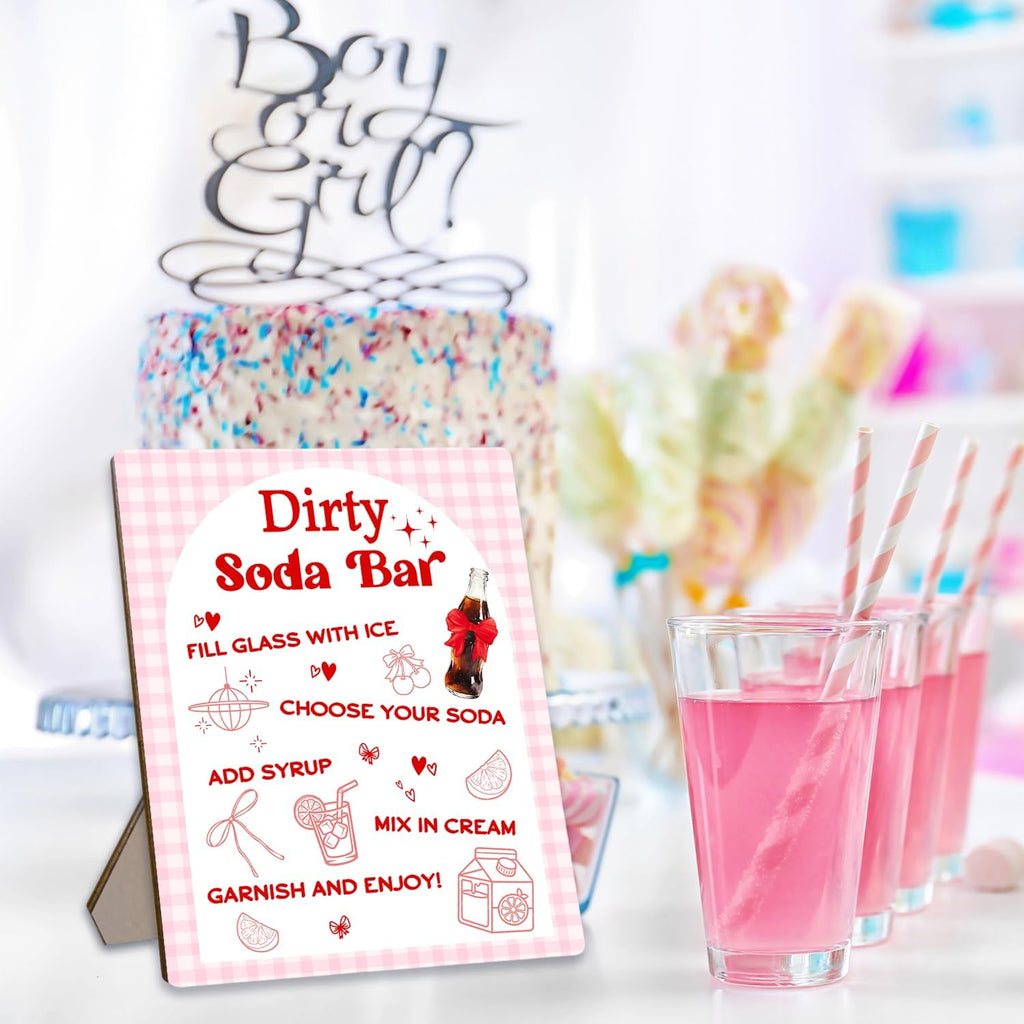 Dirty Soda Bar Sign for Baby Shower, She's Ready To Pop Wooden Menu and Recipe Board, 8x10 Inch Pink Tabletop Welcome Sign, Beverage Setup Decor for Gender Reveal or Wedding Party