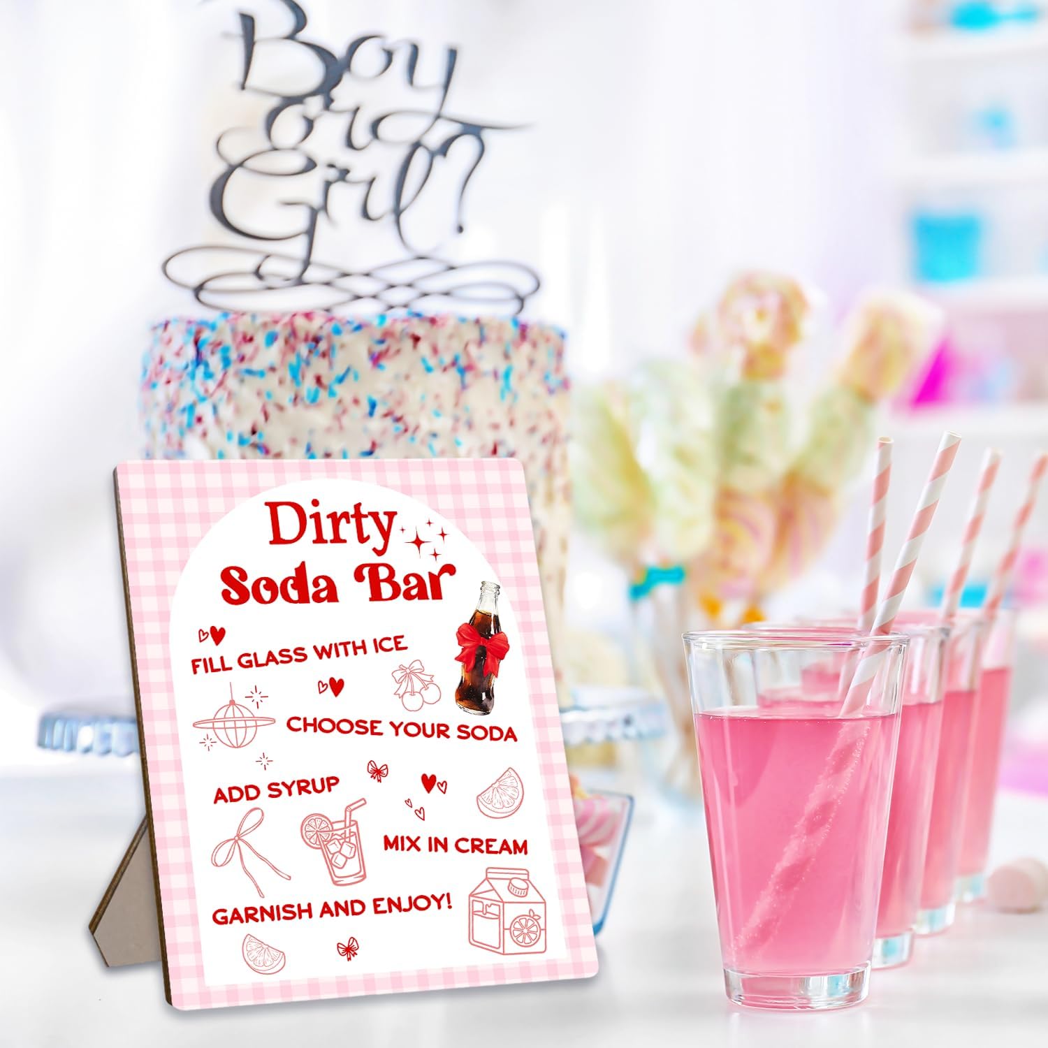 Dirty Soda Bar Sign for Baby Shower, She's Ready To Pop Wooden Menu and Recipe Board, 8x10 Inch Pink Tabletop Welcome Sign, Beverage Setup Decor for Gender Reveal or Wedding Party
