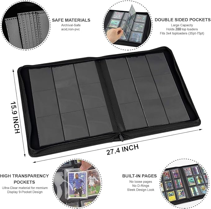 Toploader Binder with 9-Pocket Pages, Holds 288 "3×4" Rigid Toploader Hard Cases, Card Holder for Collectible Cards or Sports Cards, Durable Sleeves for Storage & Display (Dark Green)