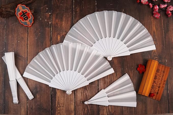 HUNANBANG 1 Dozen 12 Pieces Folding Hand Fans Church Wedding Gift, Party Favors, DIY Decoration Gift Size9 Wholesale 12pack (White 12pcs)