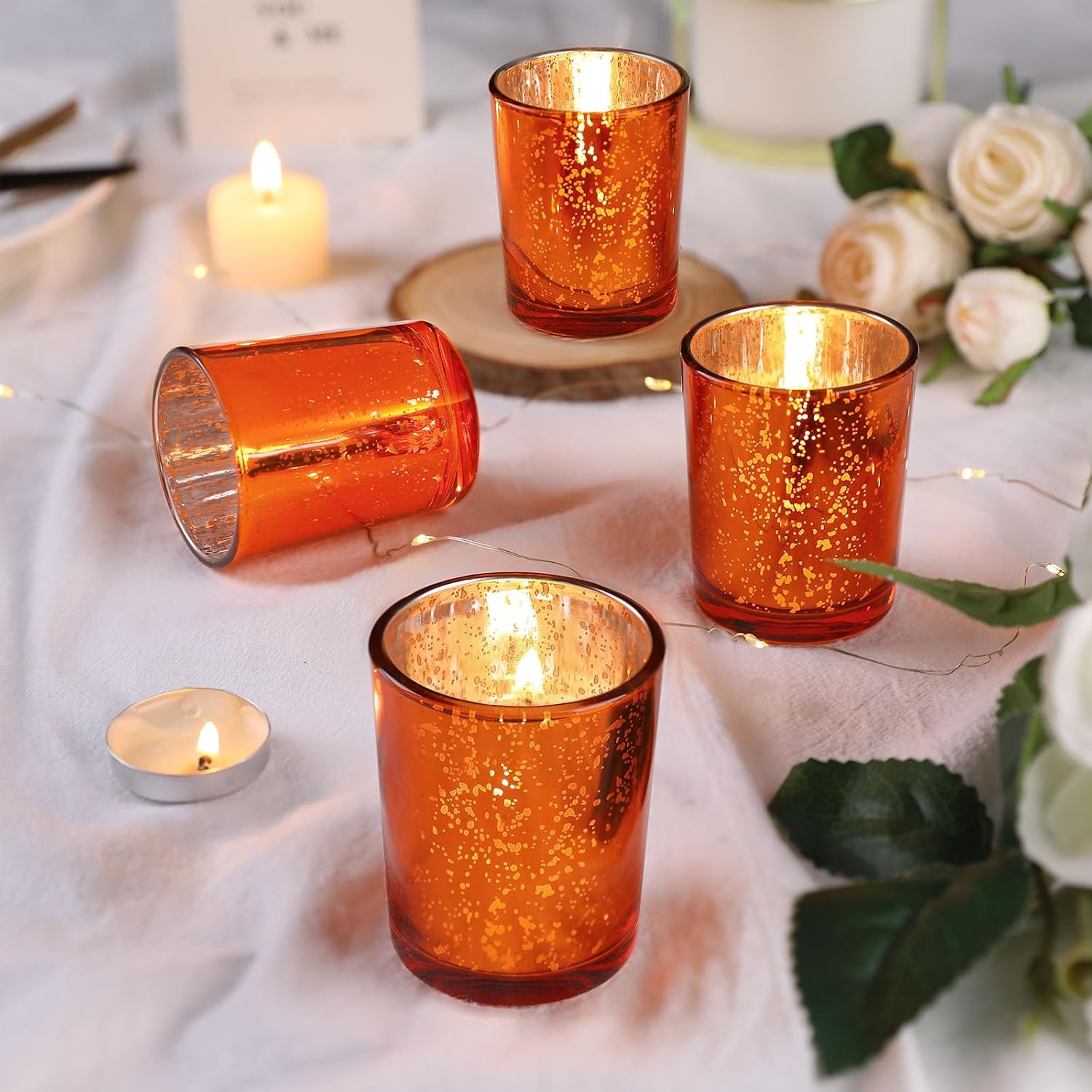 DARJEN 24 Pcs Orange Votive Candle Holders, Tea Lights Candles Holders | for Wedding Centerpieces & Party Decorations, Fall Home Table and Thanksgiving Day