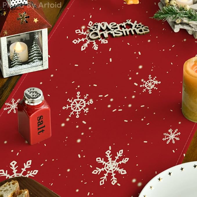 Artoid Mode Red Snowman Snowflake Let it Snow Winter Table Runner, Seasonal Christmas Kitchen Dining Table Decoration for Home Party Decor 13x48 Inch