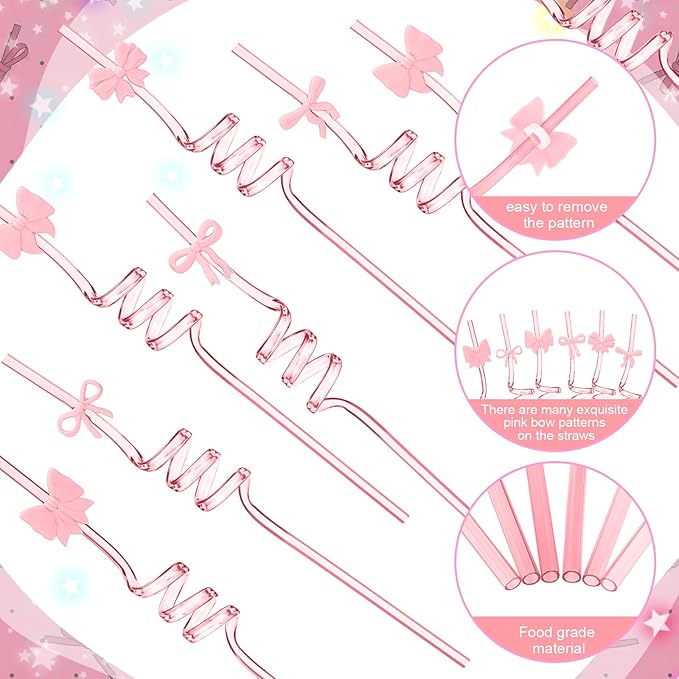Yungyan 24 Sets Pink Bow Party Favors Goodie Cups with Lids and Straws for Birthday Coquette Party Decorations Reusable 16oz Plastic Candy Cups Plastic Straws for Christmas Decor(Pink Bow)