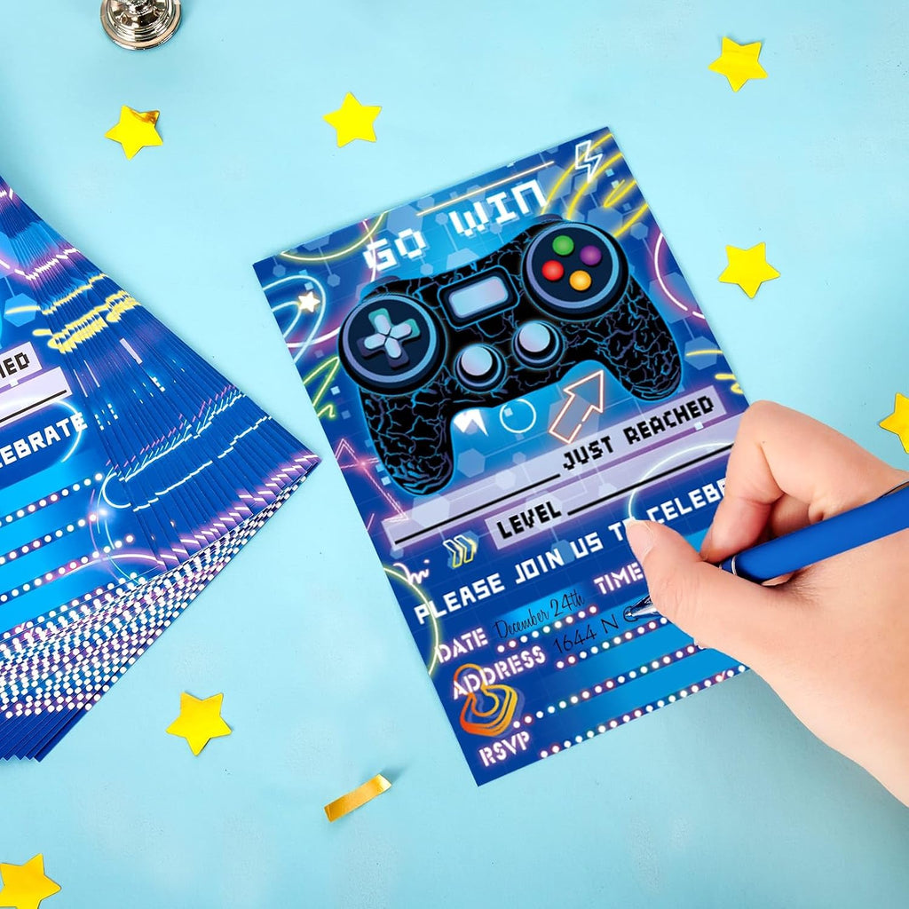 WERNNSAI Video Game Party Invitation - 24 Set Fill-in Blue Gaming Birthday Invitation Cards with Envelopes Sticker for Boys Kids Double-Sided Printed Game On Invitations for Celebration Party Supplies