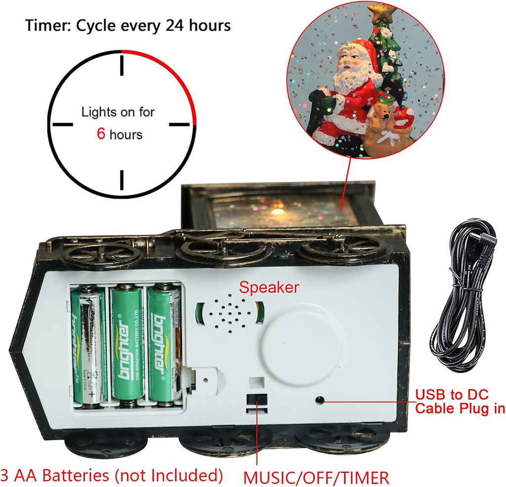 Music Snow Globe Train Lantern with Music and Timer, Battery Operated and USB Cable Santa Lighted Snow Globe Spinning Water Glitter (Bronze, USB Included)
