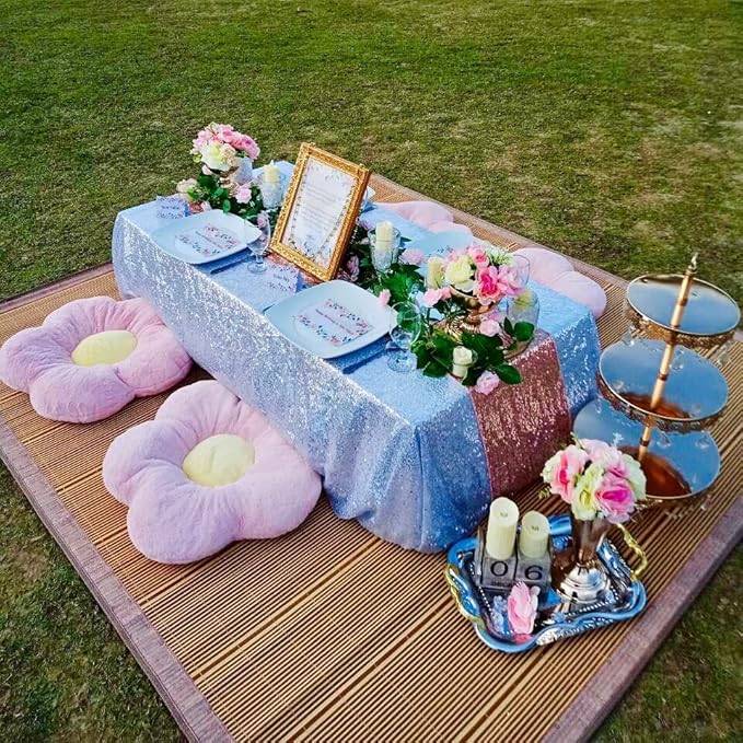 QueenDream Sequin Tablecloth 60"x102" Sparkly Party Table Cloths Sequin Table Cloth Overlay for Wedding Birthday Baby Shower Decoration Baby Blue