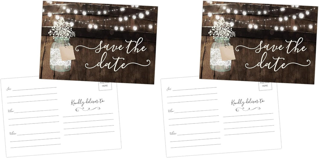 Your Main Event Prints 50 Rustic Mason Jar Save The Date Cards for Wedding, Engagement, Anniversary, Baby Shower, Birthday Party, Wood Save The Dates Postcard Invitations (Pack of 2)