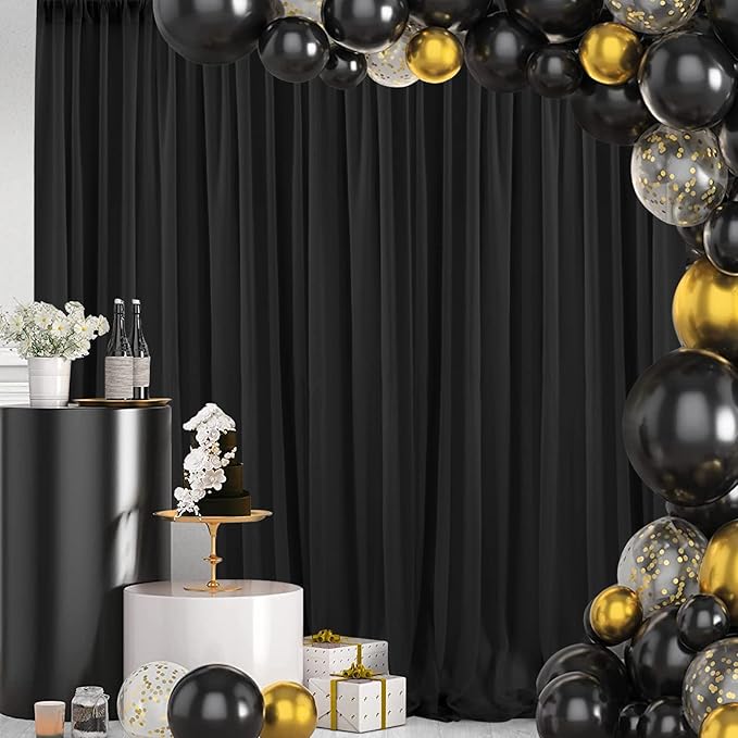 PARTISKY 10ftx7ft Black Chiffon Backdrop Curtains, Wrinkle-Free Sheer Fabric Photo Drapes for Wedding Ceremony Arch Birthday Baby Shower Photography Stage Decor 5ft x 7ft, 2 Panel