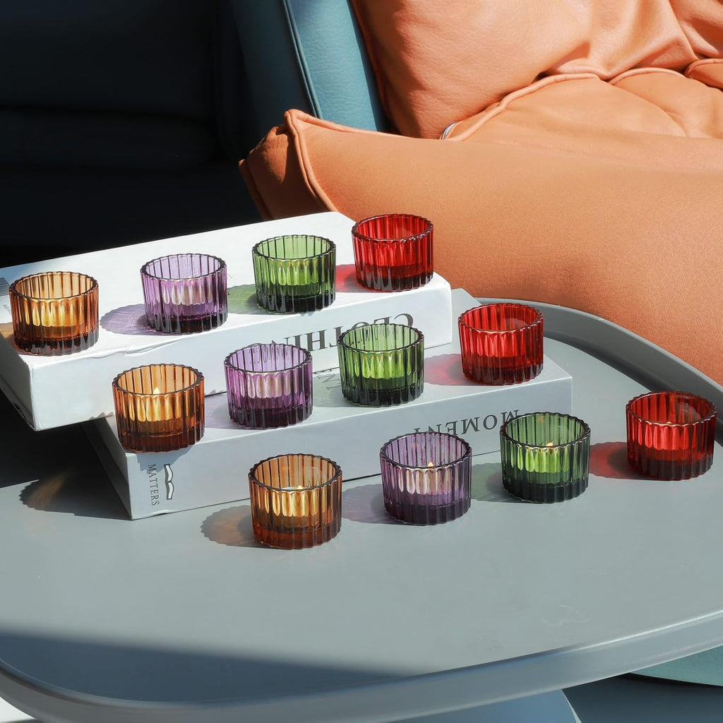 VOHO 4 Colors Tealight Candle Holder Fall Decor Set of 12, Votive Candle Holders for Table Centerpiece, Ribbed Tea Light Candle Holder Glass for Halloween/Thanksgiving/Christmas Decorations/Gifts