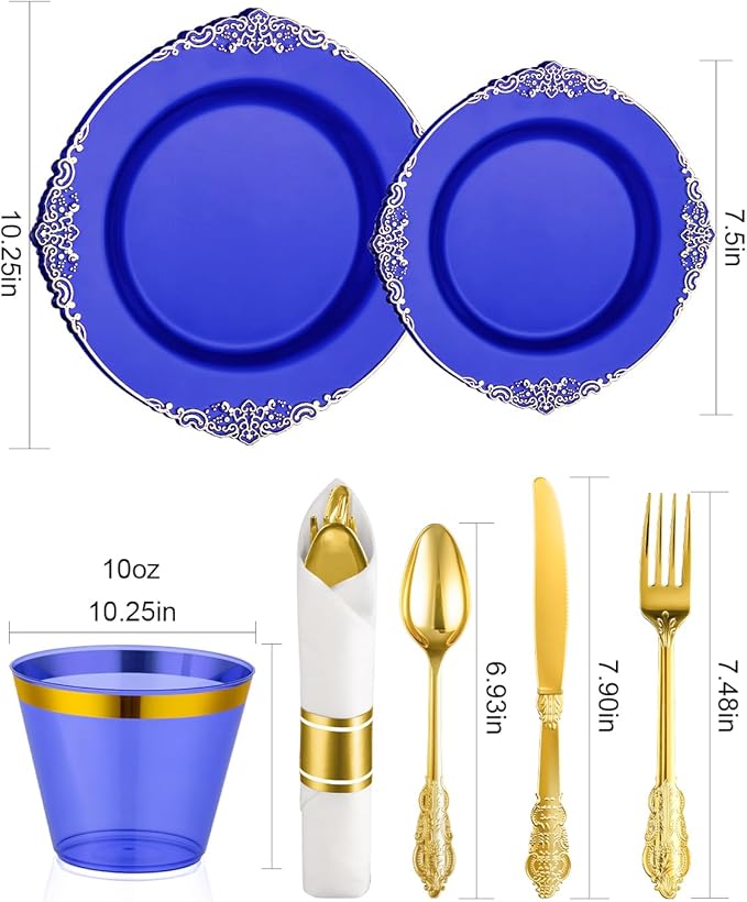 Goodluck 350 Piece Clear Blue Plastic Dinnerware Set for 50 Guests, Fancy Disposable Plates, Include: 100 Blue Rim Plastic Plates, 150 Silverwares, 50 Pre Rolled Napkins, 50 Cups for Party, Wedding