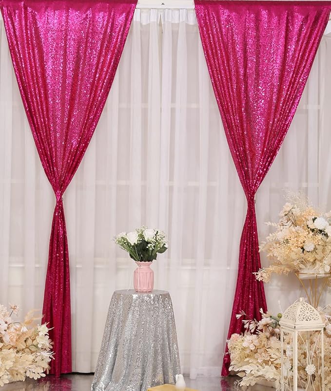 Poise3EHome Hot Pink Sequin Backdrop Curtains,4 Panels 2FTx8FT Glitter Background for Party Birthday Party Baby Shower Wedding Christmas Thanksgiving Halloween Holiday Festival Decor