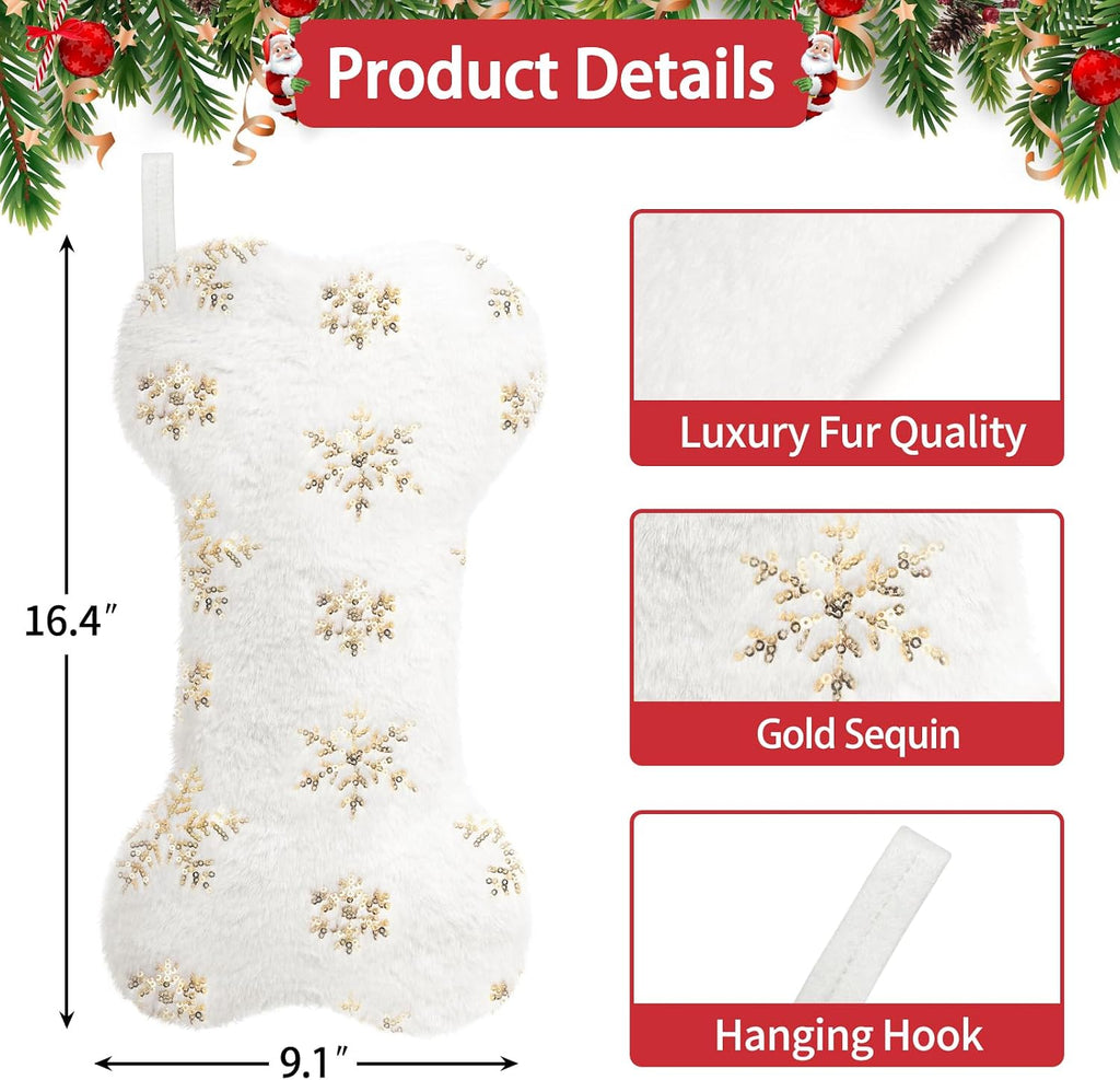 Dog Christmas Stocking with Name Tags DIY,Personalized Snowy White Bone Shaped with Gold & Silver Snowflake Sequins Family Decoration Faux Fur Christmas Stocking for Dog Pet (Gold Sequins)
