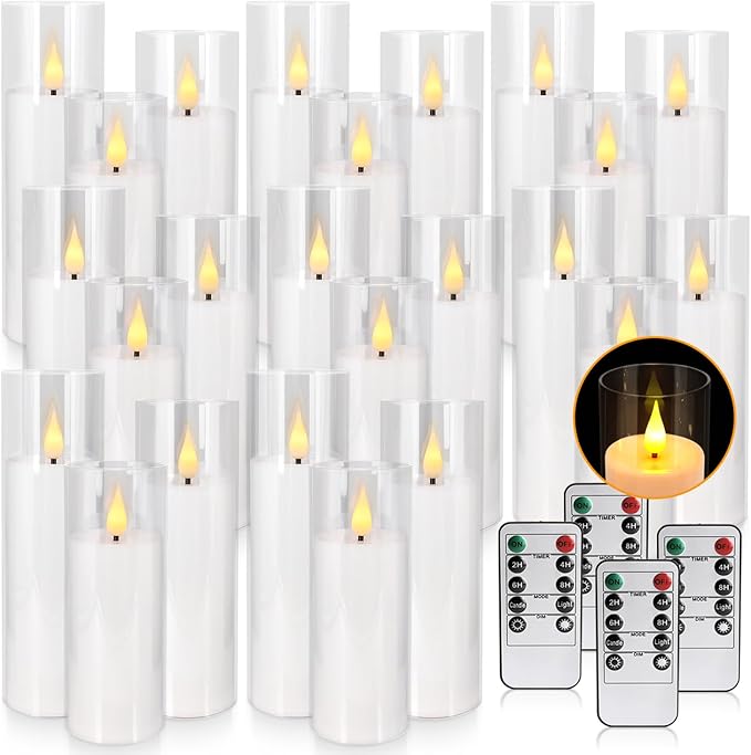24-Pack Premium Flameless LED Candles - Elegant White & Clear Acrylic Pillar Design with Realistic Flickering Flame, Remote Control & Timer for Weddings, Christmas, Halloween & Home Decor
