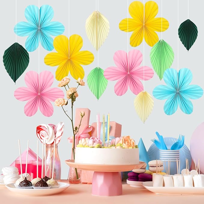 ADLKGG Paper Flowers Leaves Fan Party Decorations, Hanging Flower Wall Backdrop for Classroom Decor, Spring Party Decorations, Wedding, Tropical Jungle Forest Birthday, Fiesta Party, 12pcs