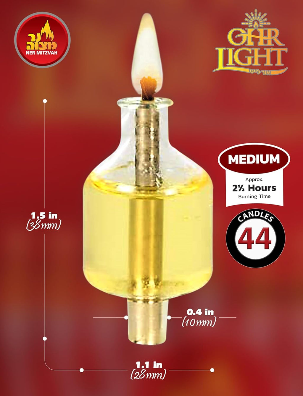 Ner Mitzvah Pre - Filled Menorah Oil Cup Candles, Hanukkah Ohr Lights, 100% Olive Oil with Cotton Wick in Glass Cup - Medium (Pack of 44) Burns Approx. 2 1/2 Hrs