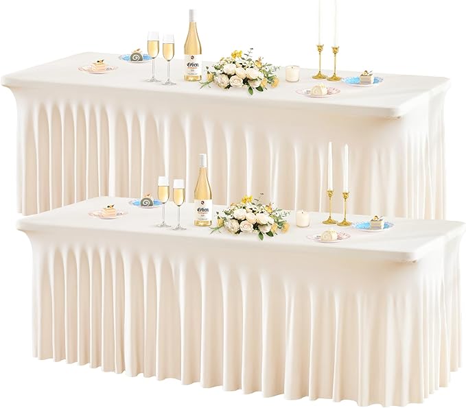 Wish Care 2 Pack Stretch Spandex Table Clothes for 8 Foot Rectangle Tables, 8FT Wrinkle Free Fitted Tablecloths Ruffles Design Table Cover for Party, Banquet, Wedding and Events