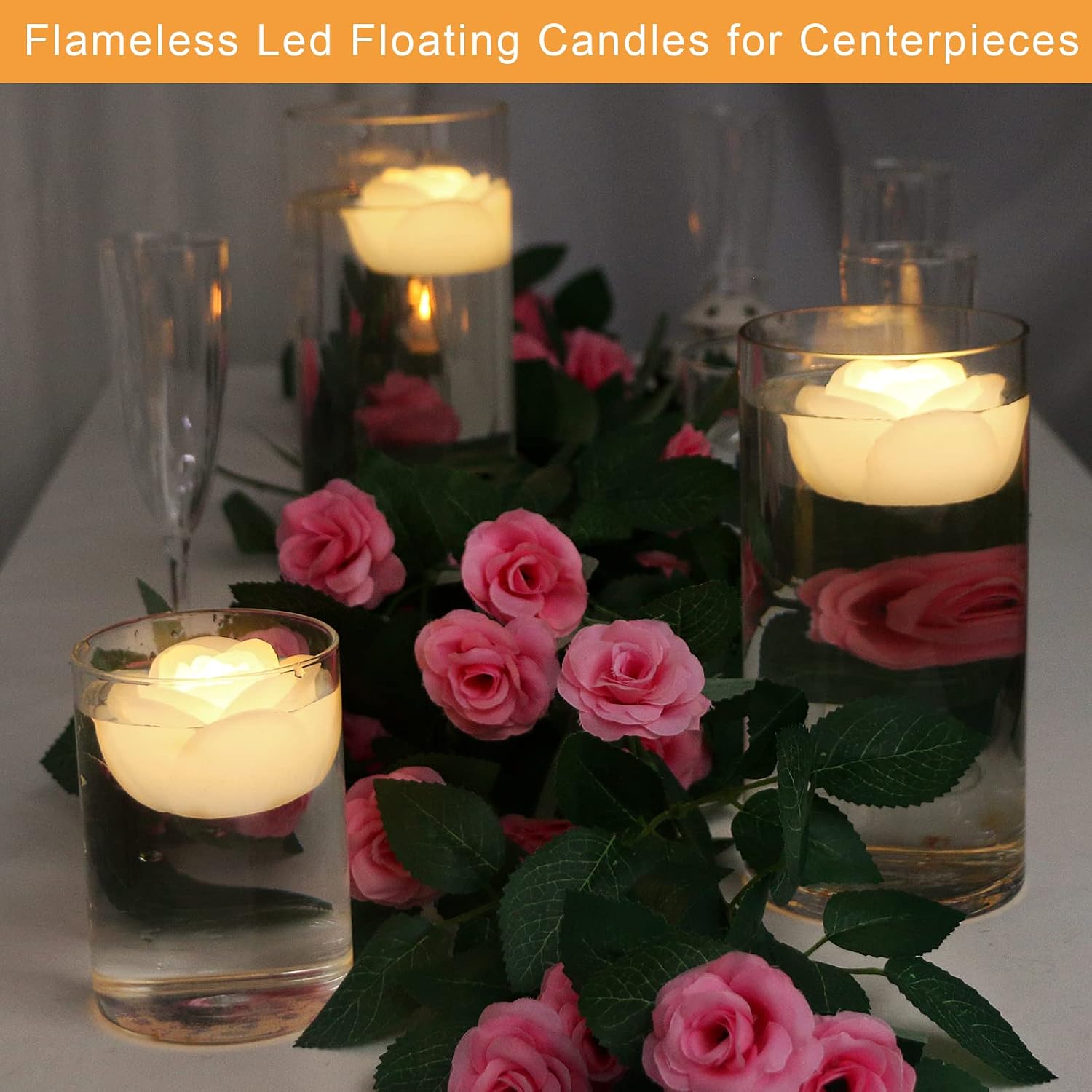 LARDUX ARDUX Pack of 12 LED Floating Candles - Flameless Floating Rose Tea Lights Waterproof Flower Wax Candles Battery-Powered for Wedding Centerpieces Pool Party Decoration