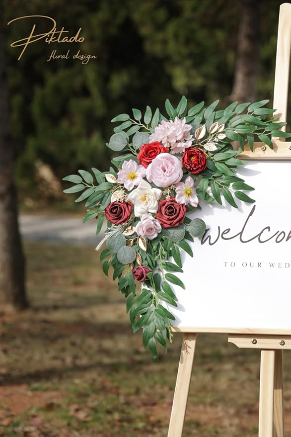 Faux Flower Swag Set of 2 for Wedding Welcome Signs Floral Swag Wedding Reception Ceremony Signs Decor (A-Burgundy Pink)