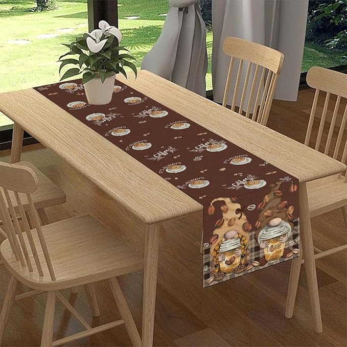 Coffee Time Table Runner, Farmhouse Retro Gnome Coffee Cup Tea Party Cafe Brwon Table Center Decor for Home Kitchen Dining Patio Holiday Party Indoor Outdoor Table Decorations,13"x90" Inch