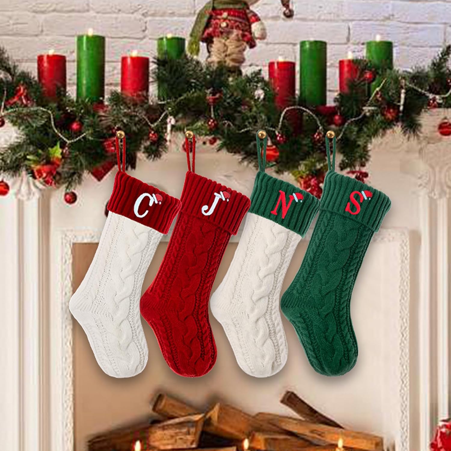 Christmas Stockings with Initials, Personalized Embroidered Monogram 18 Inches Knitted Christmas Stockings Fireplace Xmas Stockings for Kids,Family Holiday Party Decoration White Red Letter C