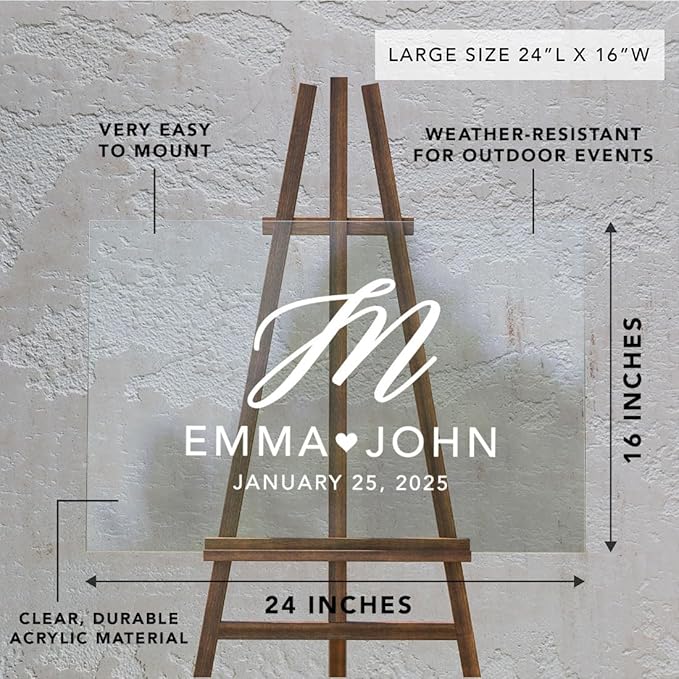 Andaz Press Custom Large Wedding Acrylic Sign, 16 x 24 Inches, Monogram Script, Personalized Sign, Welcome Sign For Modern Wedding Theme