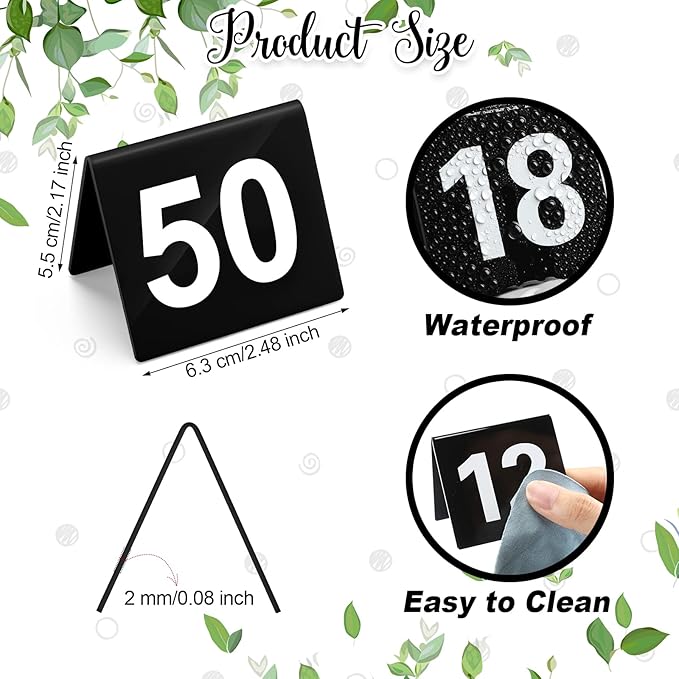 Tuanse Table Numbers 1-50 Acrylic Double Side Numbered Table Tents Restaurant Wedding Number Cards Signs for Banquets Party Wedding Reception(Black)