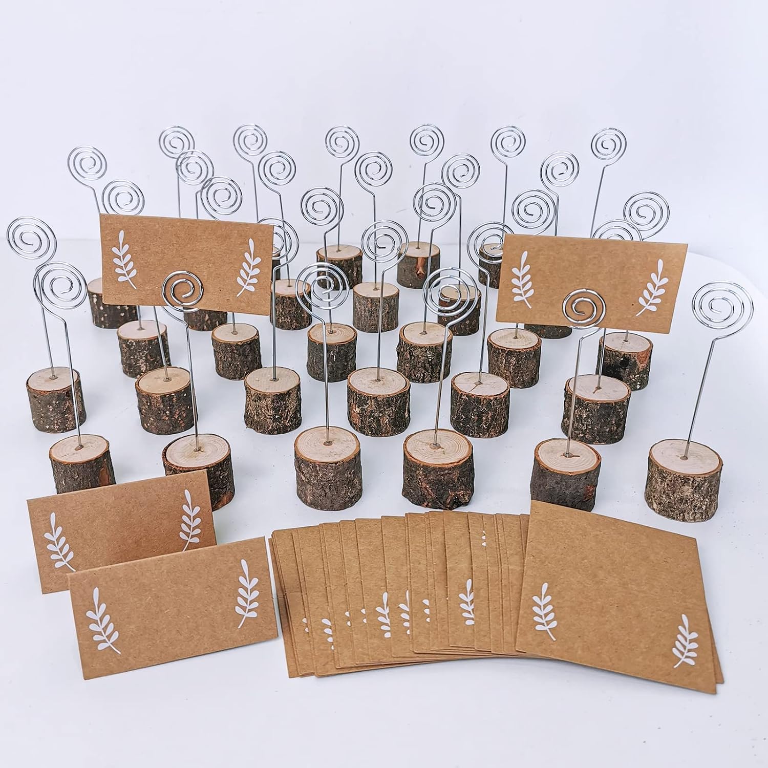 30 Pcs Rustic Wood Place Card Holders with Swirl Wire Wooden Bark Memo Holder Stand Card Photo Picture Note Clip Holders 5.8" and Kraft Place Cards Bulk for Wedding Party Table Number Name Sign