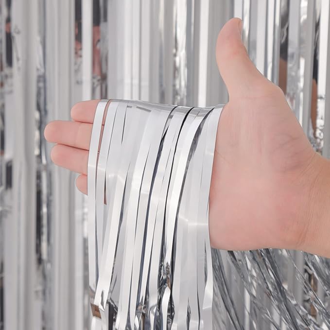 2 Pack Silver Foil Fringe Backdrop Curtains, Tinsel Streamers Birthday Party Decorations, Fringe Backdrop for Graduation, Baby Shower, Gender Reveal, Disco Party
