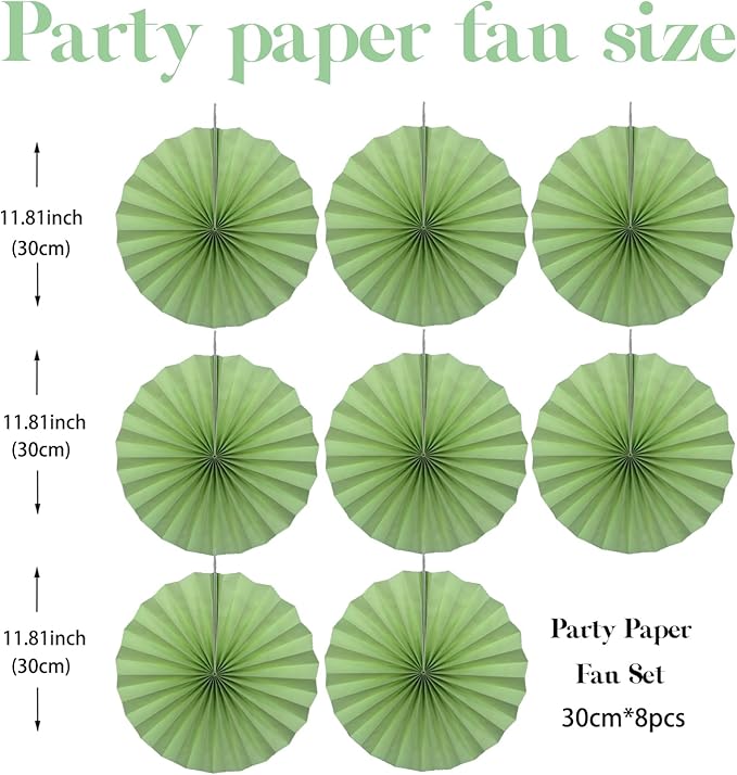 Green Hanging Paper Fans,12in,30 Color,DIY Set,Light Green,Military Theme,Birthday Occasion