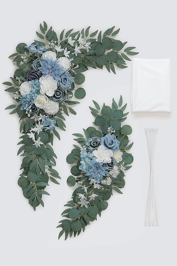 Light Blue Artificial Wedding Arch Flowers Kit (Pack of 3) with 26Ft White Shiny Arch Draping Fabric for DIY Wedding Party Ceremony Reception Backdrop Floral Decoration
