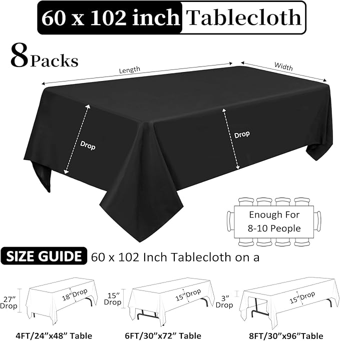 8 Pack Black Tablecloths 60 x 102 Inch Rectangular Table Cloths for Rectangle Tables 6ft, Wrinkle Resistant Black Table Cloth Washable Polyester Fabric for Buffet Wedding Party Banquet