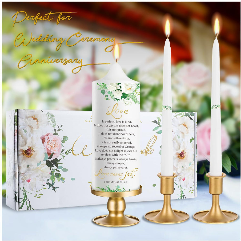3 Unity Floral Candles for Wedding Ceremony Set with Gold Candle Holders, Bible Wedding Unity Set – Elegant Gift for Bride, Groom, Religious or Catholic Weddings