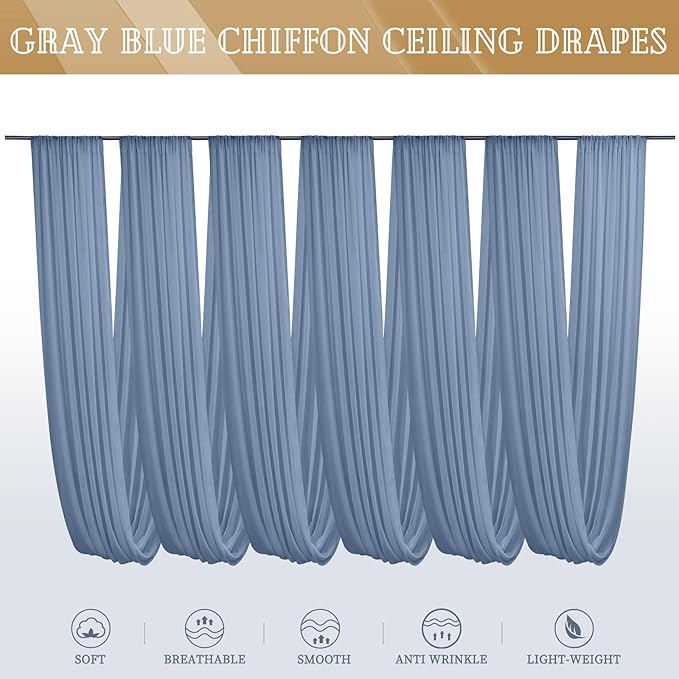 6 Panels Dusty Blue Ceiling Drapes for Wedding 5ftx20ft Chiffon Fabric Arch Draping Curtains Sheer Drapery for Party Ceremony Birthday Baby Shower Reception Stage Swag Ceiling Decorations