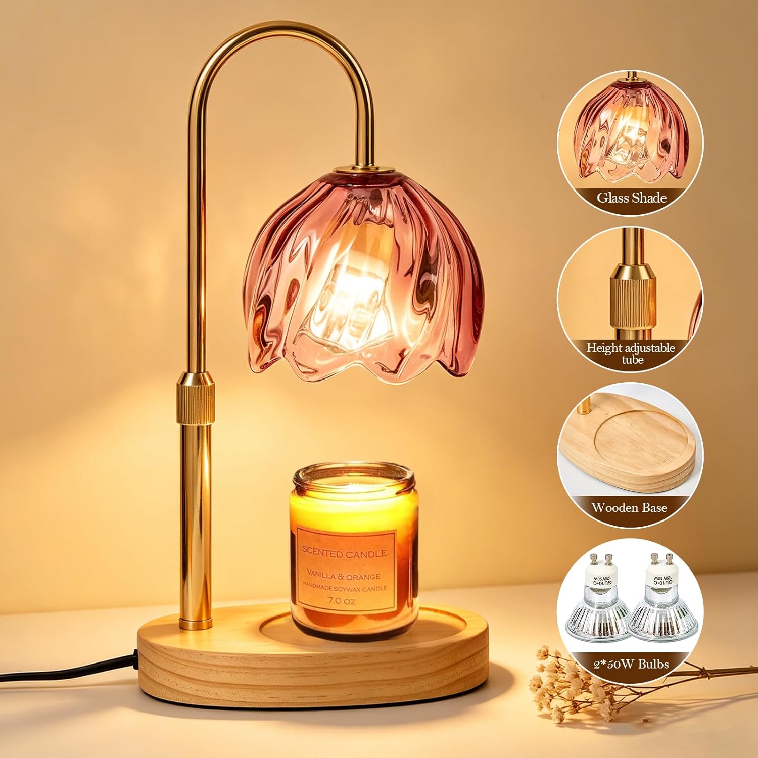 Flower Candle Warmer Lamp with Timer, Dimmable Adjustable Height Wax Melts Warmer for Jar Candles, Birthday Gifts for Women Mom, House Warming Gifts New Home, Bedroom Living Room Decor (Rose Red)