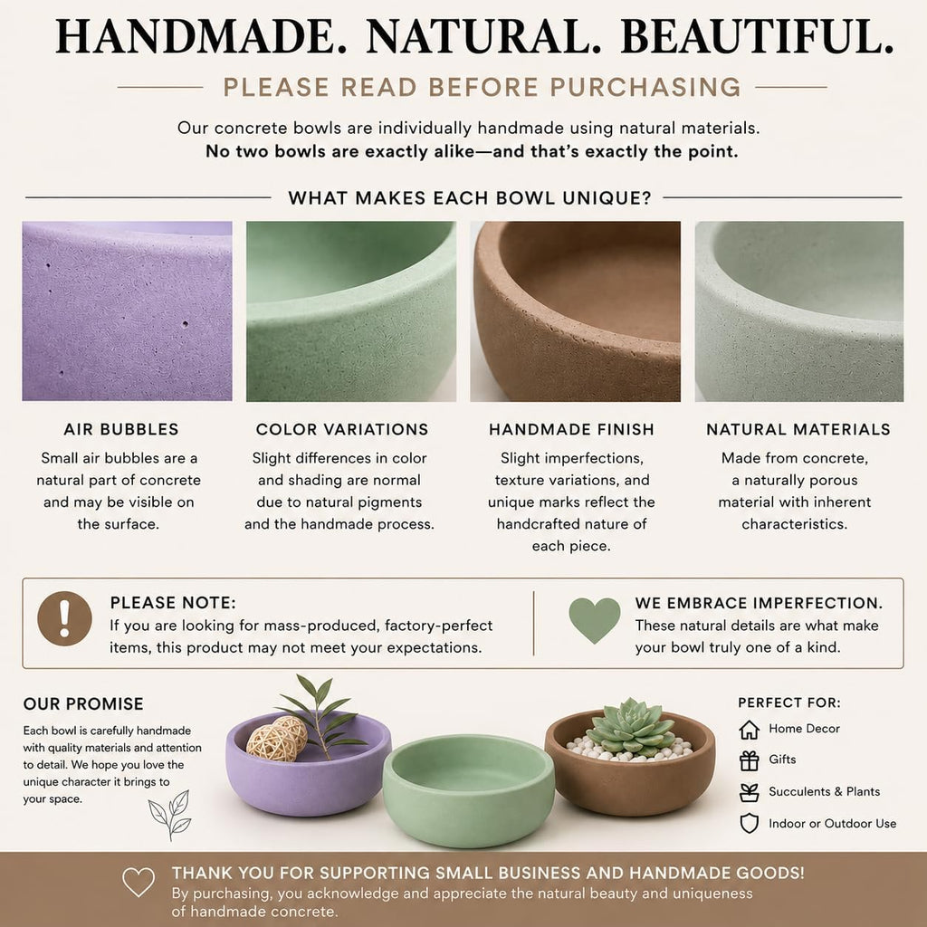 Concrete Succulent Pot Bowl, Modern Decor, Gift, Wedding/Shower Favor, Candle Vessel, 6 in (Charcoal, with Drainage Hole) (Buff, Without Drainage Hole)