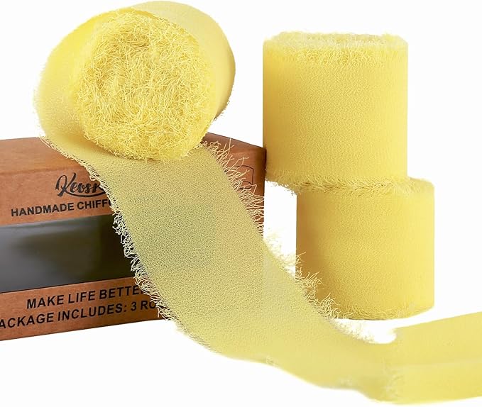 3 Rolls Cream Yellow Handmade Chiffon Ribbon,1.5" x 21Yd Frayed Fringe Silk Ribbons (3 Rolls *7Yd) for Gifts Wrapping, Wedding Invitations, Bridal Bouquets, Decoration