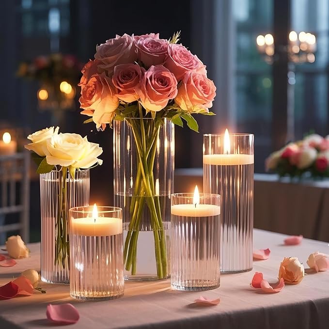 3 Pack Ribbed Glass Cylinder Vases 4,6,10 Inch Tall Clear Flower Vase Hurricane Floating Candle Holder for Table Centerpiece Wedding Home Decor